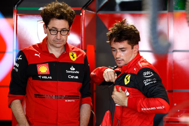 <p>Ferrari team principal Mattia Binotto and driver Charles Leclerc </p>