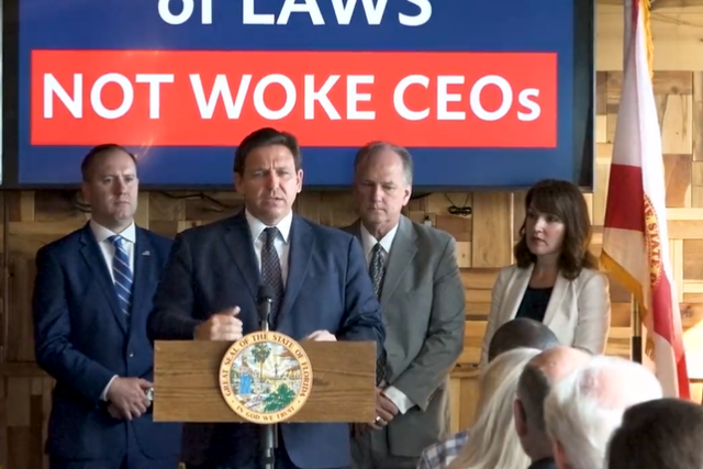 <p>Florida Governor Ron DeSantis vows to fight ‘woke CEOs’ who he claims are ‘discriminating’ against people based on their political and religious ideologies </p>