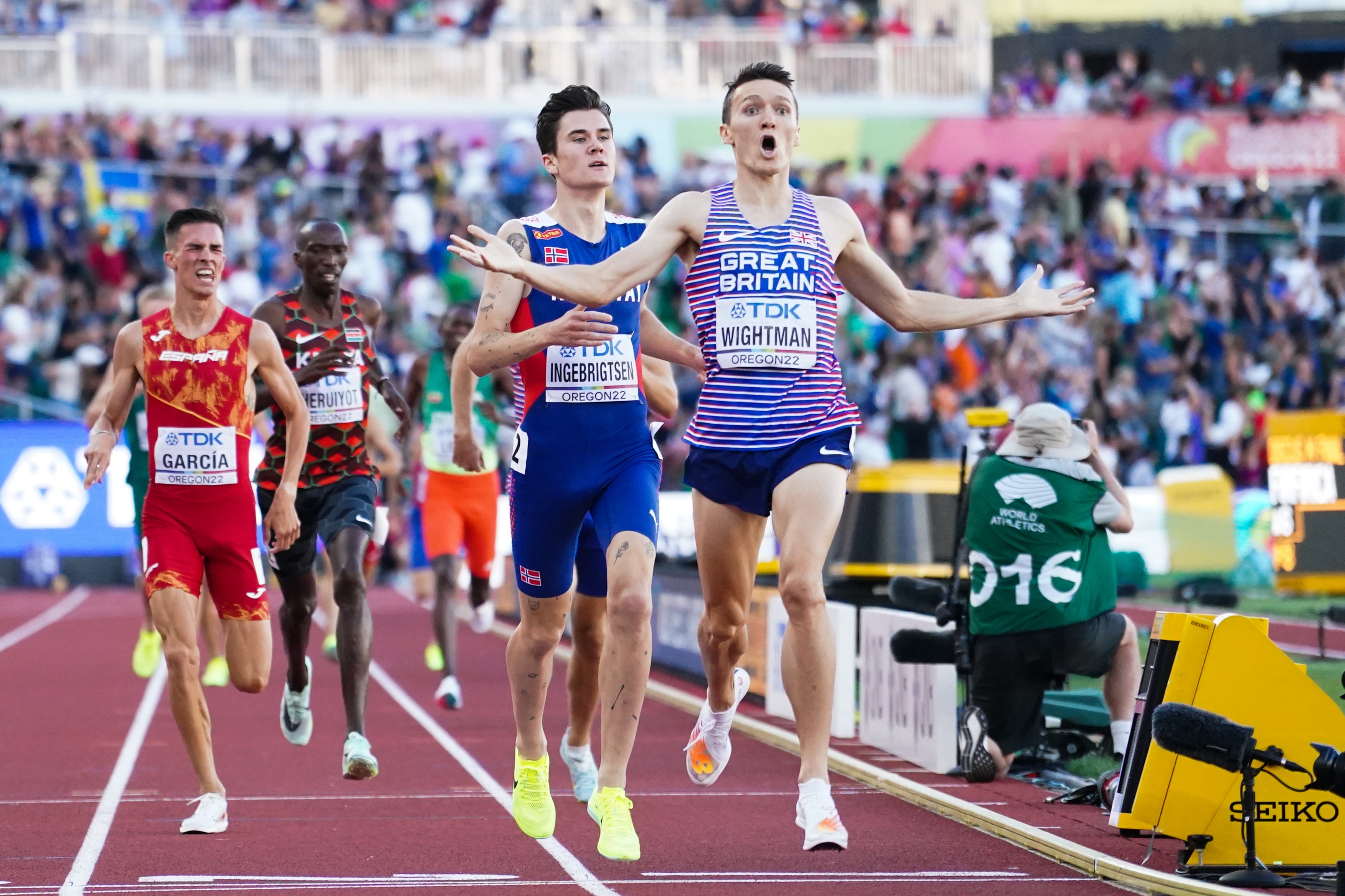 Great Britain’s Jake Wightman crosses the line to win the 1500m in Eugene (Martin Rickett/PA)