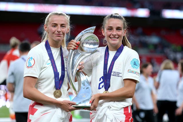Ella Toone, right, and Chloe Kelly, England’s goalscorers in the Euro 2022 final, celebrate with the trophy (Nigel French/PA)