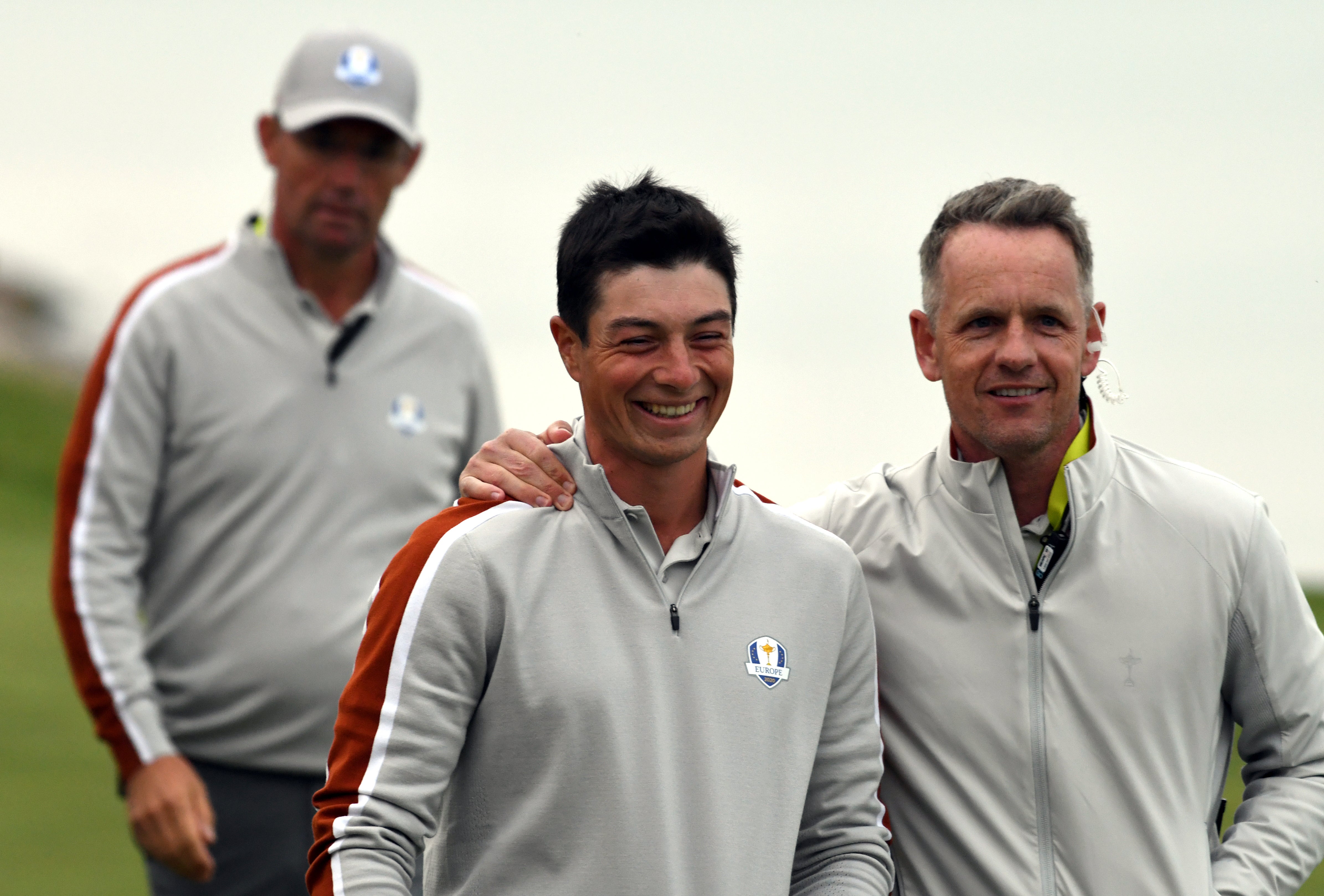 Team Europe’s Viktor Hovland with vice-captain Luke Donald during day two of the 43rd Ryder Cup at Whistling Straits (Anthony Behar/PA)