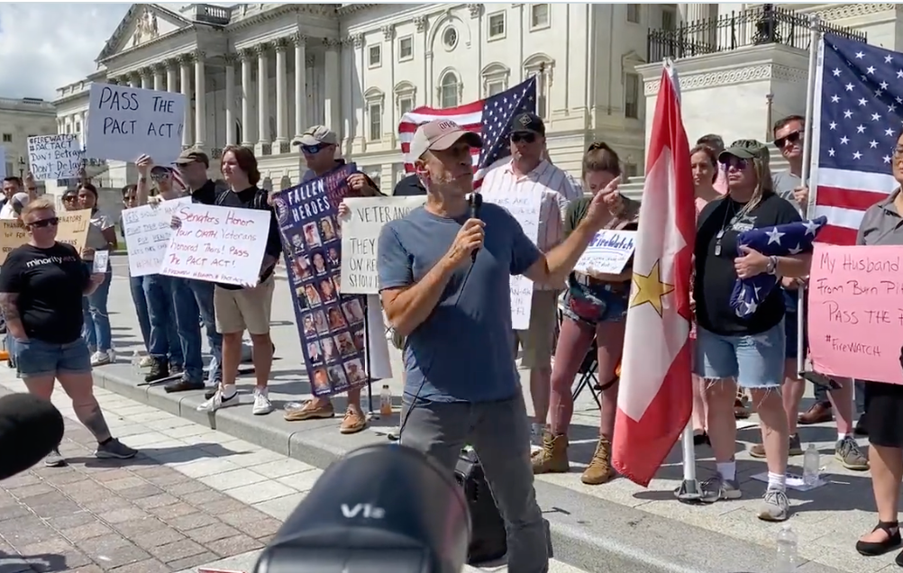 Jon Stewart speaks on the steps of the US Capitol on Monday ahead of a vital vote on veterans healthcare in the US Senate