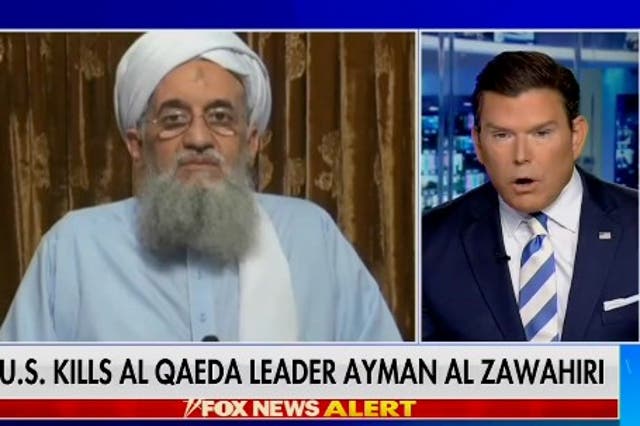 <p>Bret Baier en el momento en que informa de la muerte de al-Zawahiri </p>