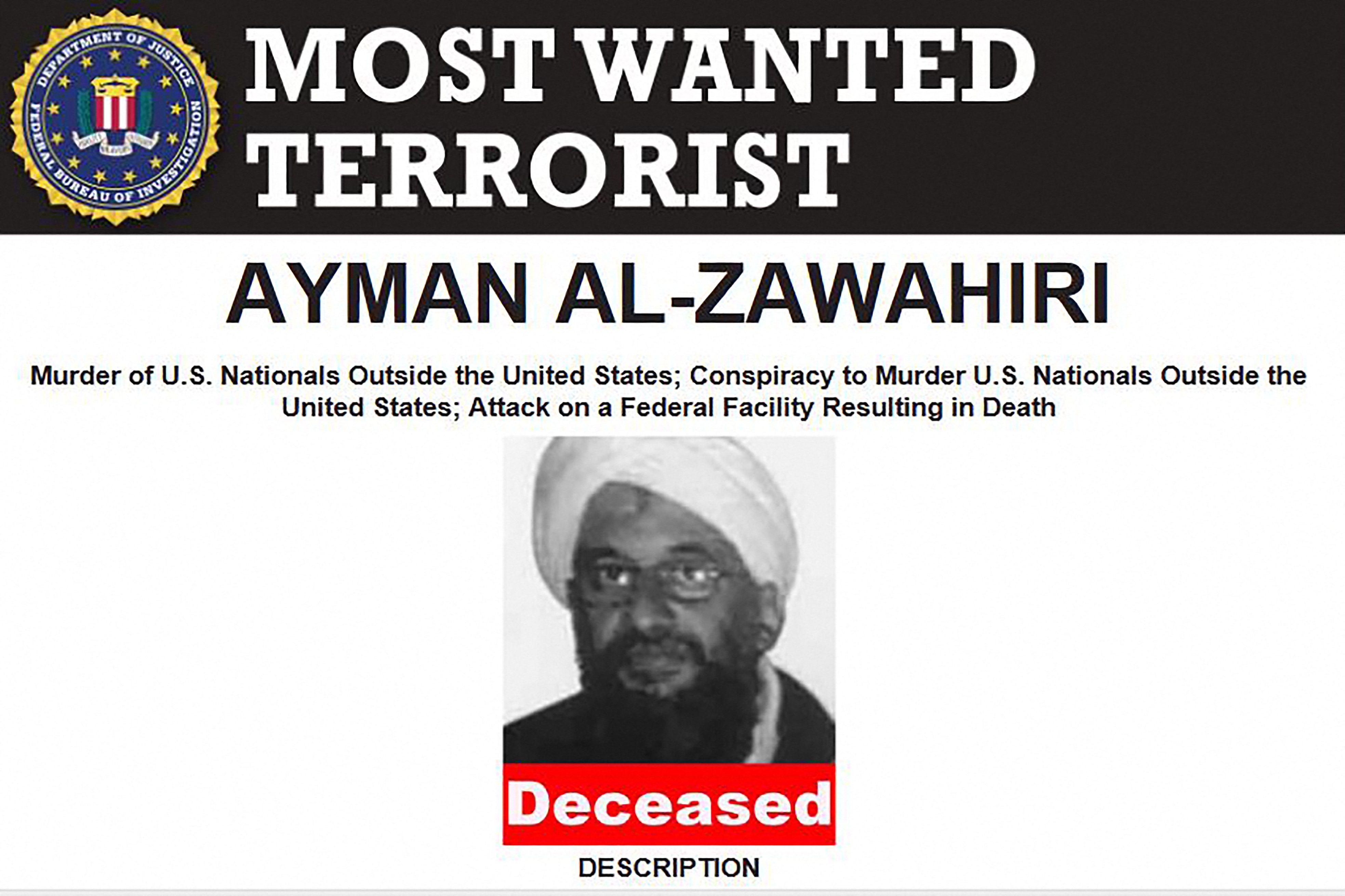 An updated poster of FBI’s most-wanted al-Qaeda chief Ayman al-Zawahiri on 1 August, 2022 after he was killed in a US counterterrorism operation
