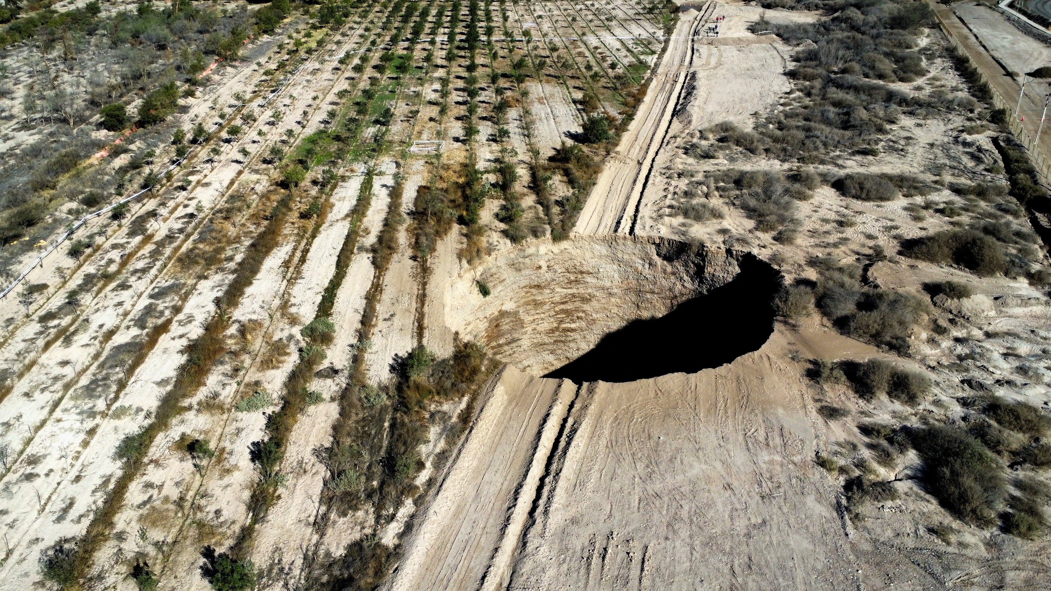 Aeriel view of the sinkhole exposed at mining zone close to Tierra Amarilla town in Copiapo, Chile