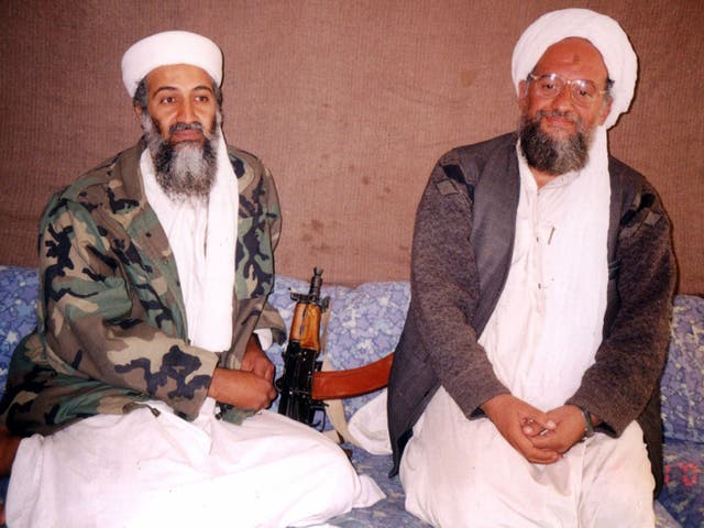 <p>Osama bin Laden (L) sits with Ayman al-Zawahiri</p>