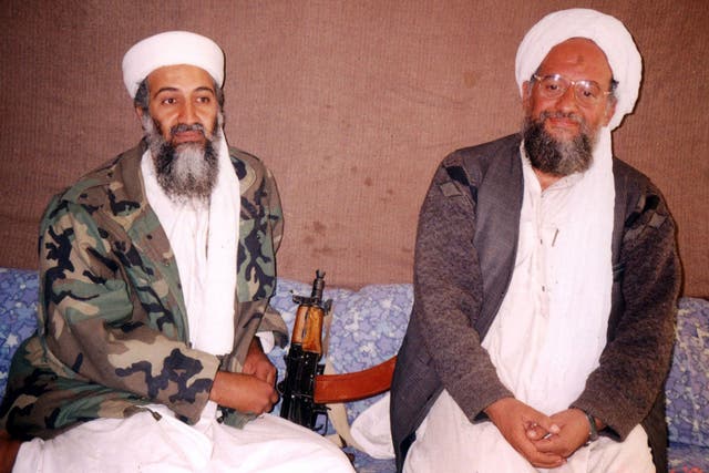 <p>Osama bin Laden (L) sits with Ayman al-Zawahiri</p>