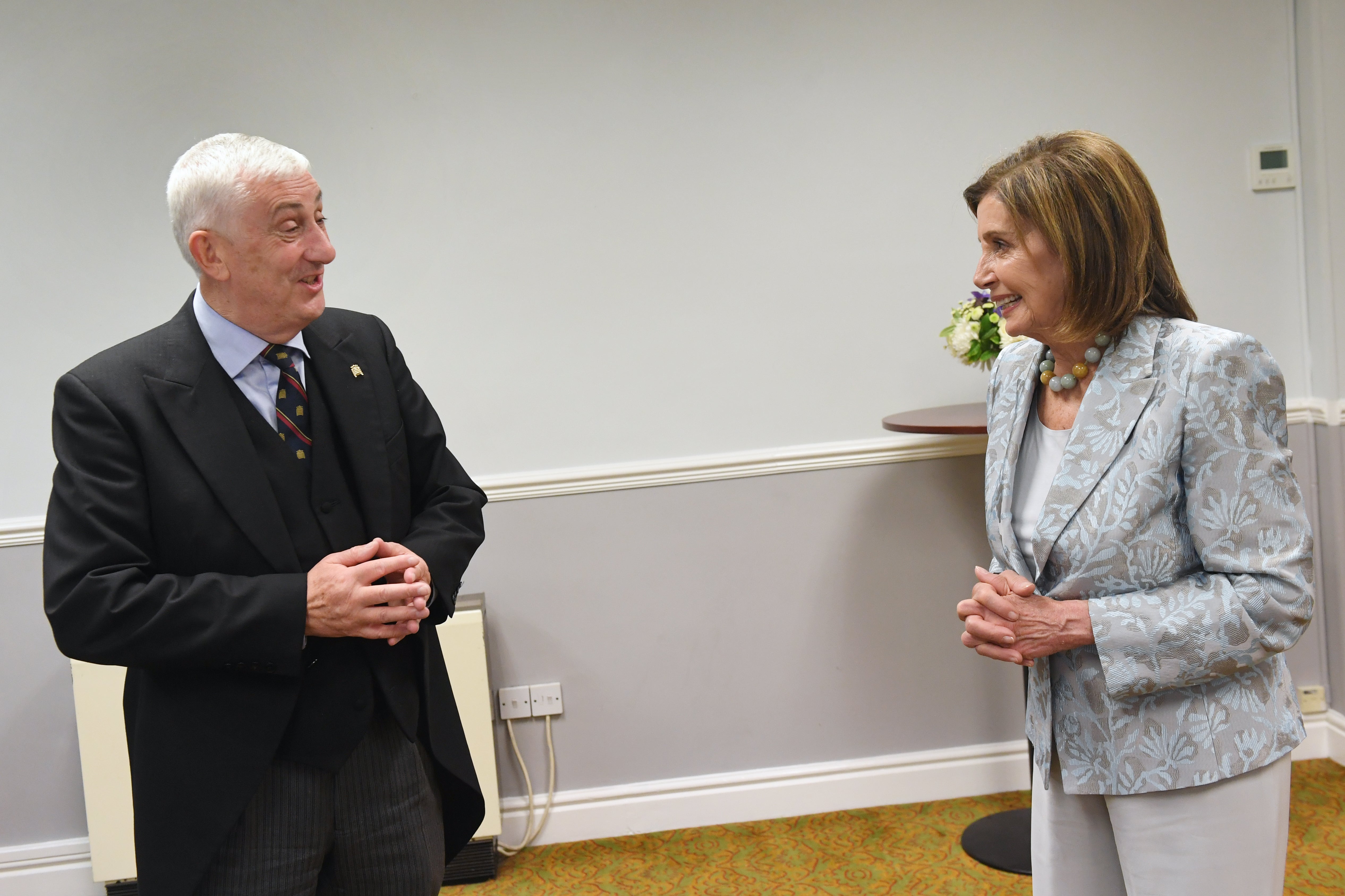 Sir Lindsay Hoyle presented a Warrington short to Nancy Pelosi, Speaker of the US House of Representatives, during the G7 Summit (UK Parliament/Jessica Taylor/PA handout)