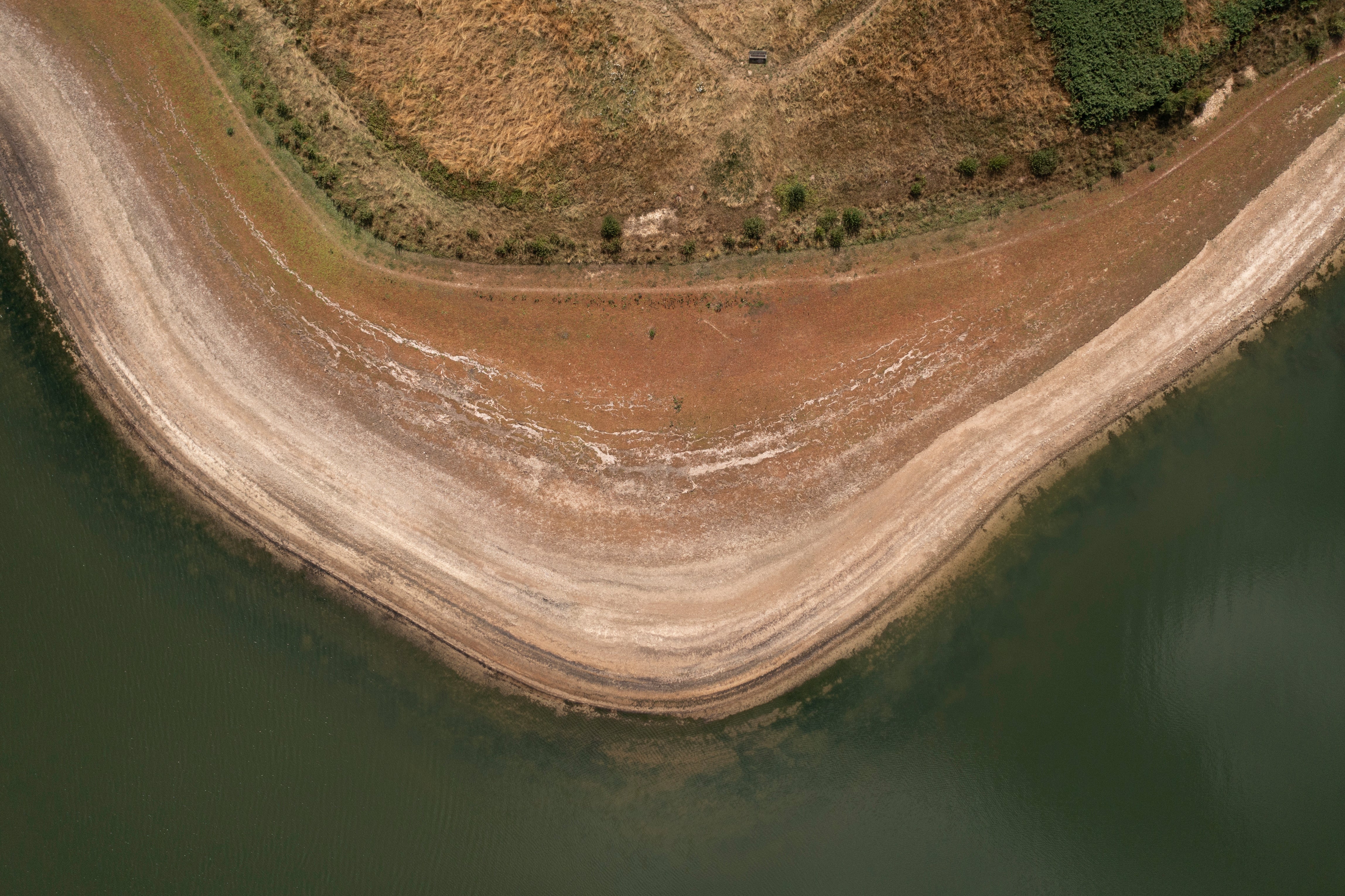 Low water levels at Bewl Water reservoir in Lamberhurst, Kent, following record heat