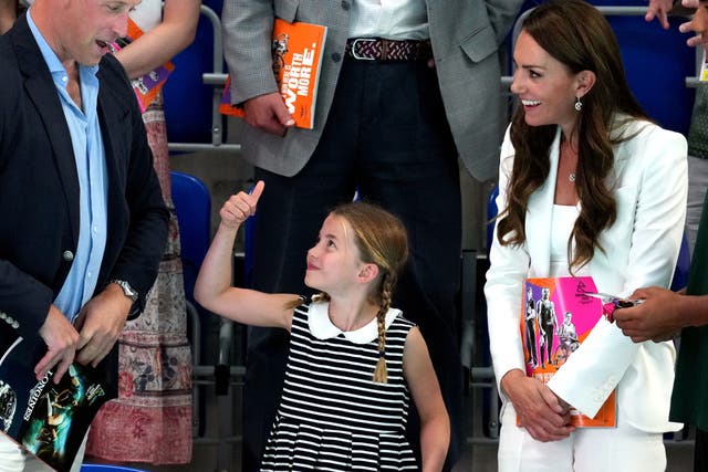<p>Princess Charlotte of Cambridge gives the thumbs alongside The Duke and Duchess of Cambridge at Sandwell Aquatics Centre on day five of the 2022 Commonwealth Games in Birmingham</p>