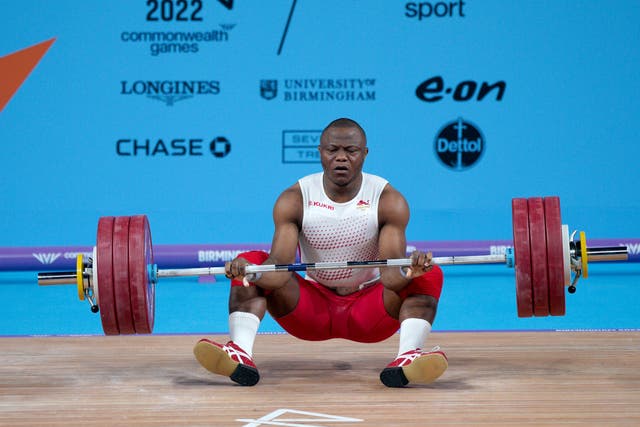 England’s Cyrille Tchatchet is eliminated after failing to lift his third clean and jerk at the Commonwealth Games in Birmingham (Peter Byrne/PA)
