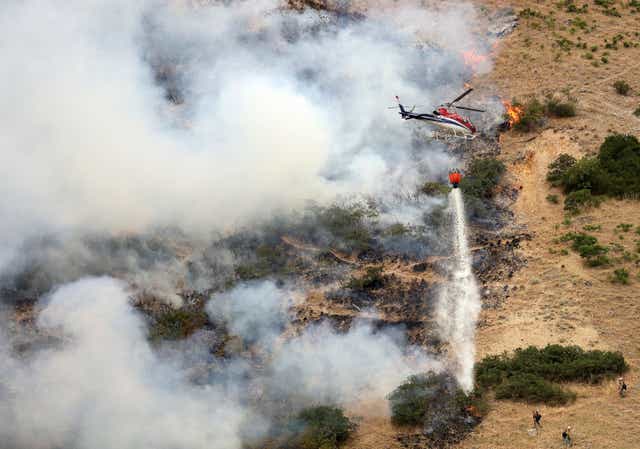 <p>Firefighters battle a wildfire from the ground as a helicopter drops water above them in Springville, Utah, on Monday, 1 August 2022.</p>