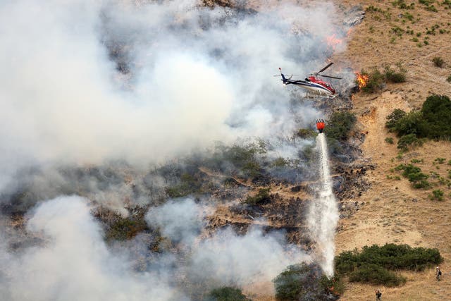 Los bomberos luchan contra un incendio forestal desde el suelo mientras un helicóptero arroja agua sobre ellos en Springville el lunes 1 de agosto de 2022.