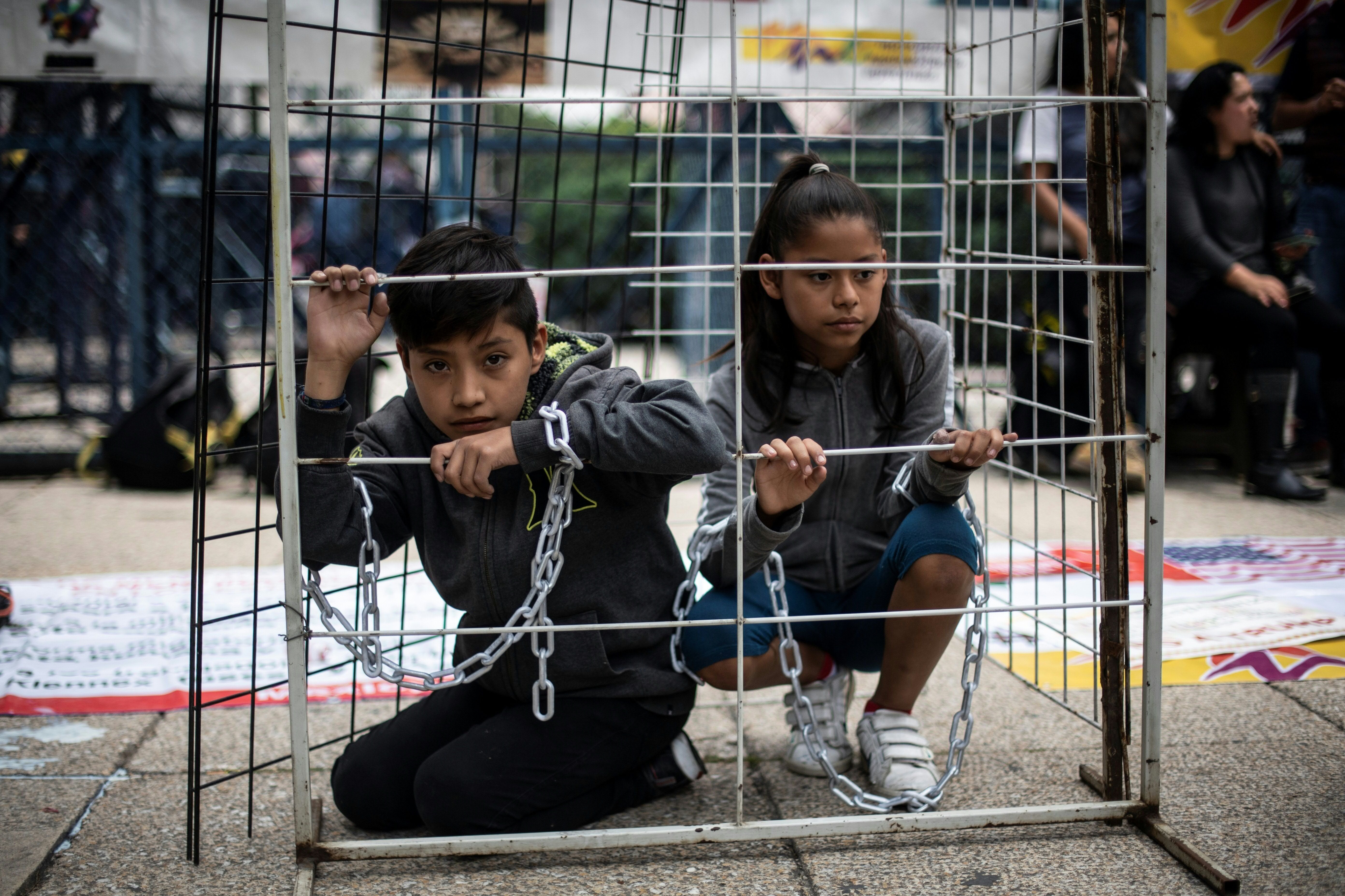 Children take part in a protest against US immigration policies outside the US embassy in Mexico City on June 21, 2018