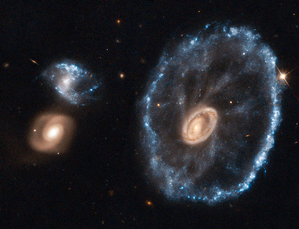 An image of the Cartwheel galaxy taken in 2018 by the Hubble Space Telescope