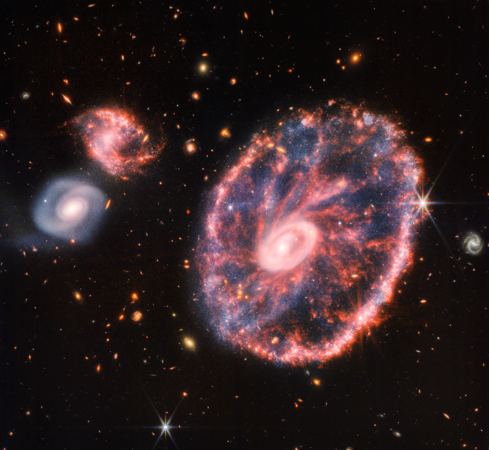 The Cartwheel galaxy, located 500 million light years away, as seen by the James Webb Space Telescope’s near and mid-infrared instruments