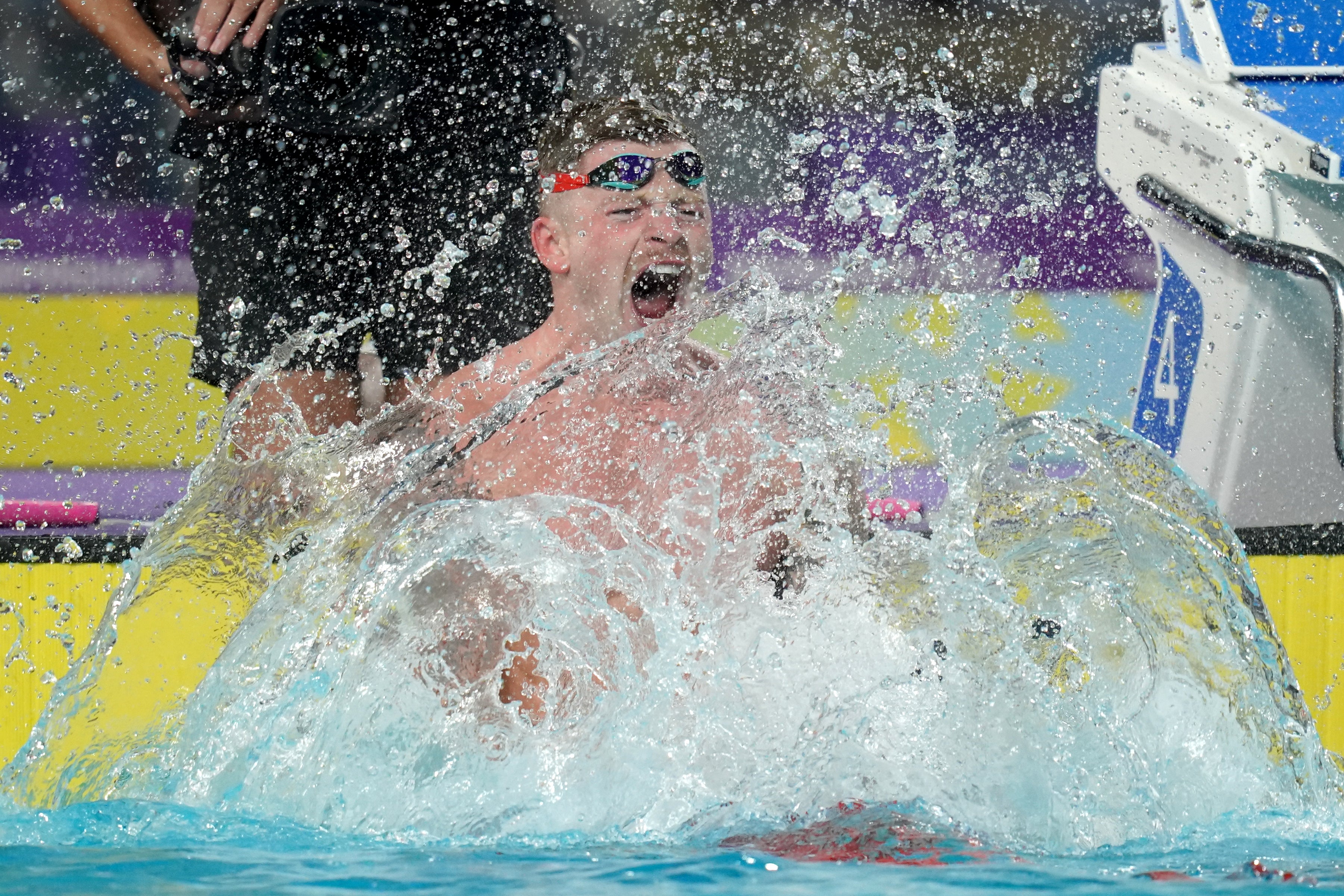 Adam Peaty roars in delight after winning the 50m breaststroke gold medal (David Davies/PA)