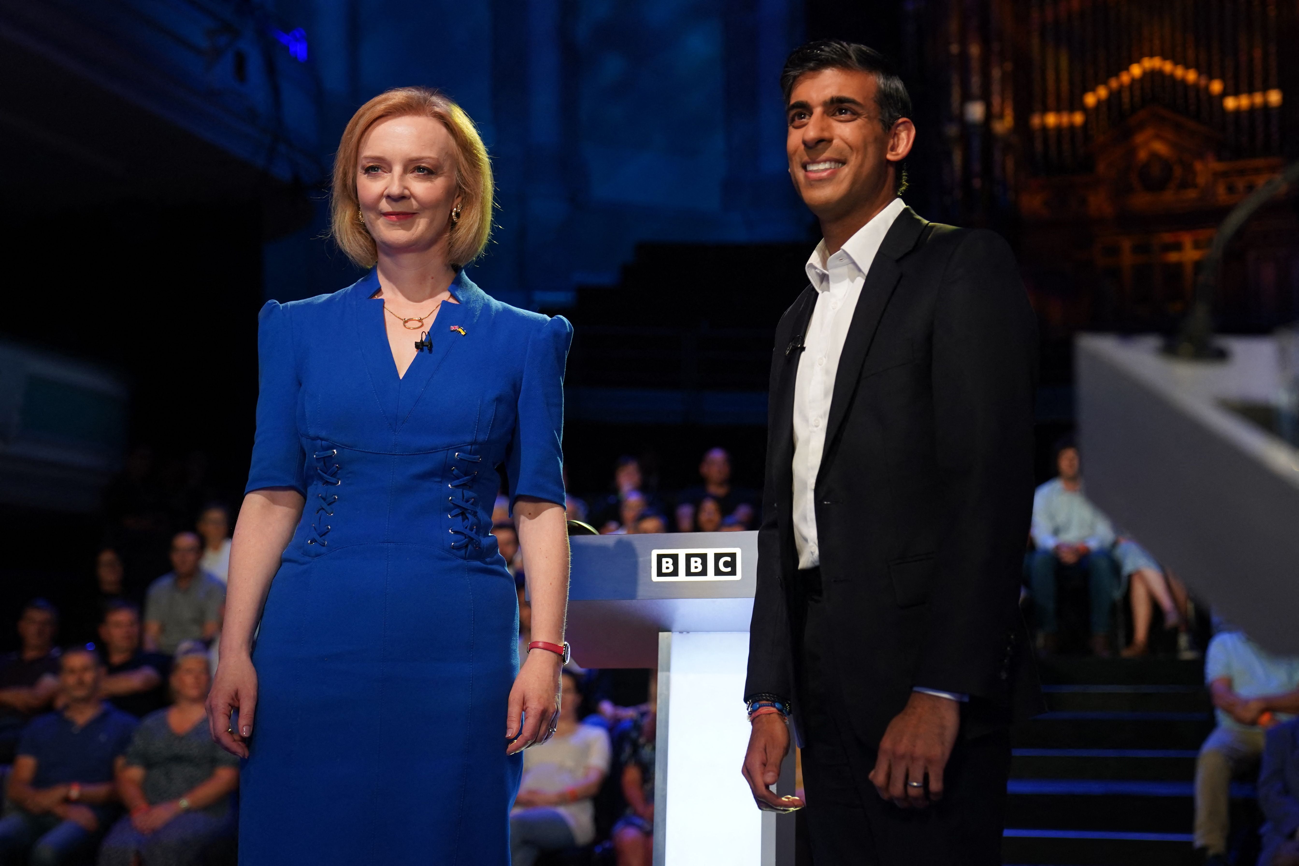 Britain foreign secretary Liz Trus and former chancellor Rihi Sunak during BBC debate on 25 July 2022