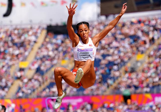 England’s Katarina Johnson-Thompson holds a slender lead. (Martin Rickett/PA)