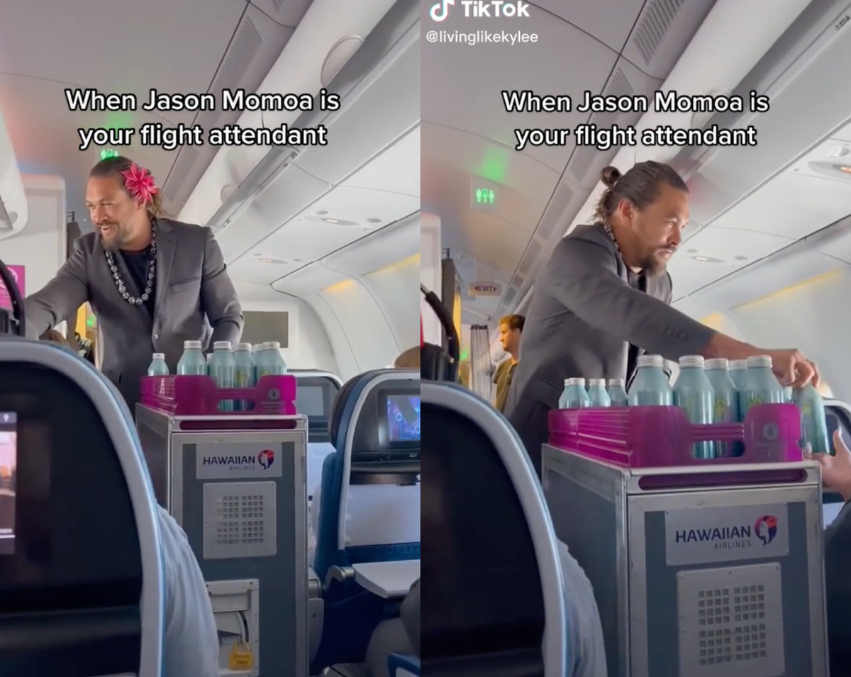 “Aguaman”: Jason Momoa entrega sus nuevas botellas de agua en un vuelo de Hawaiian Airlines