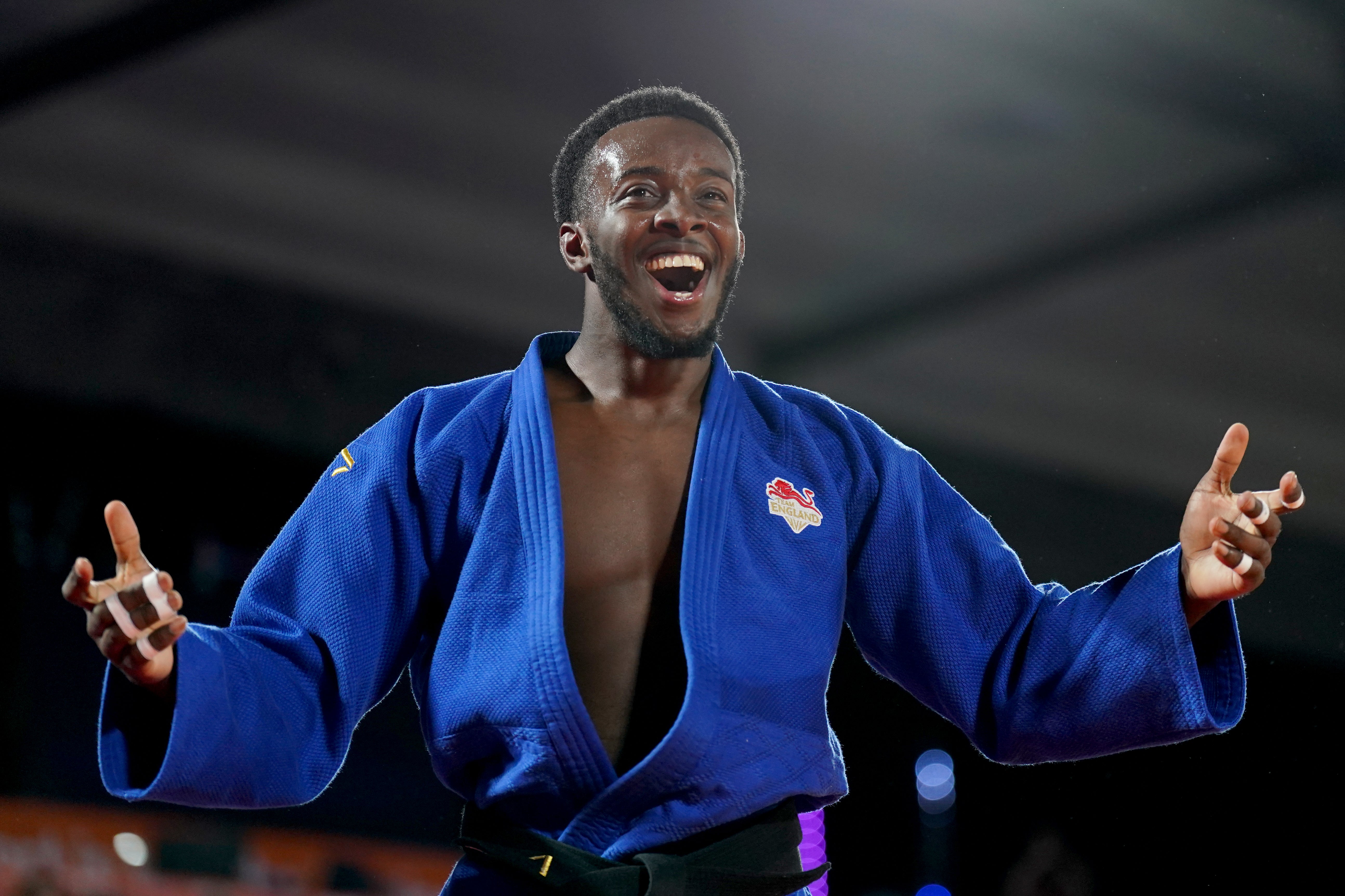 Jamal Petgrave celebrates after winning judo gold in the men’s -90kg division at the 2022 Commonwealth Games (Joe Giddens/PA)