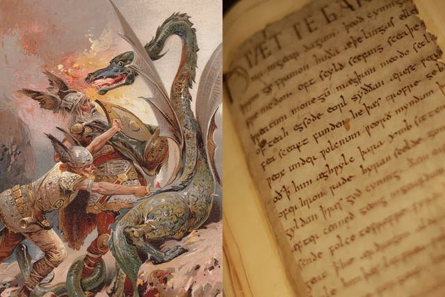 <p>An illustration of the eponymous hero fighting the dragon, next to a manuscript of Beowulf from circa AD 1000, located in the British Library</p>