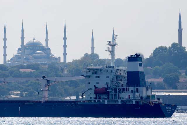 The cargo ship Razoni crosses the Bosphorus Strait in Istanbul, Turkey, Wednesday, Aug. 3, 2022 (Khalil Hamra/AP/PA)