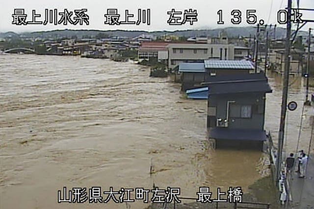 <p>Floods at the Mogami river in Oe city, Yamagata Prefecture, northeastern Japan</p>