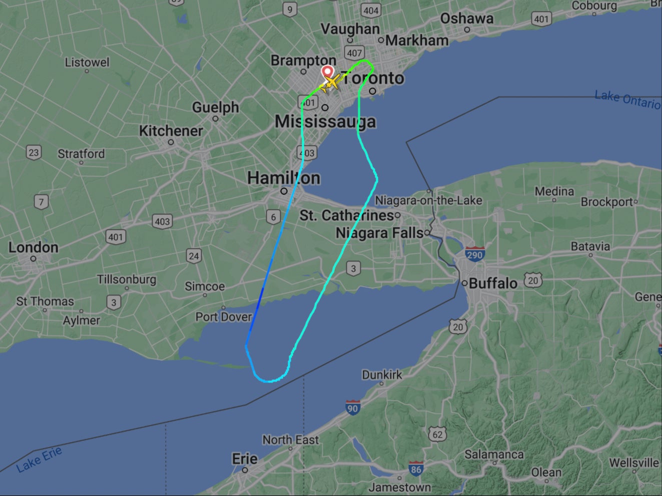 The aircraft almost crossed the Canada-US border before having to turn back to Toronto