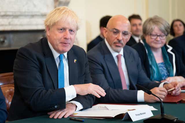 Prime Minister Boris Johnson, Chancellor of the Exchequer Nadhim Zahawi, and Work and Pensions Secretary Therese Coffey, during a Cabinet meeting (Stefan Rousseau/PA)