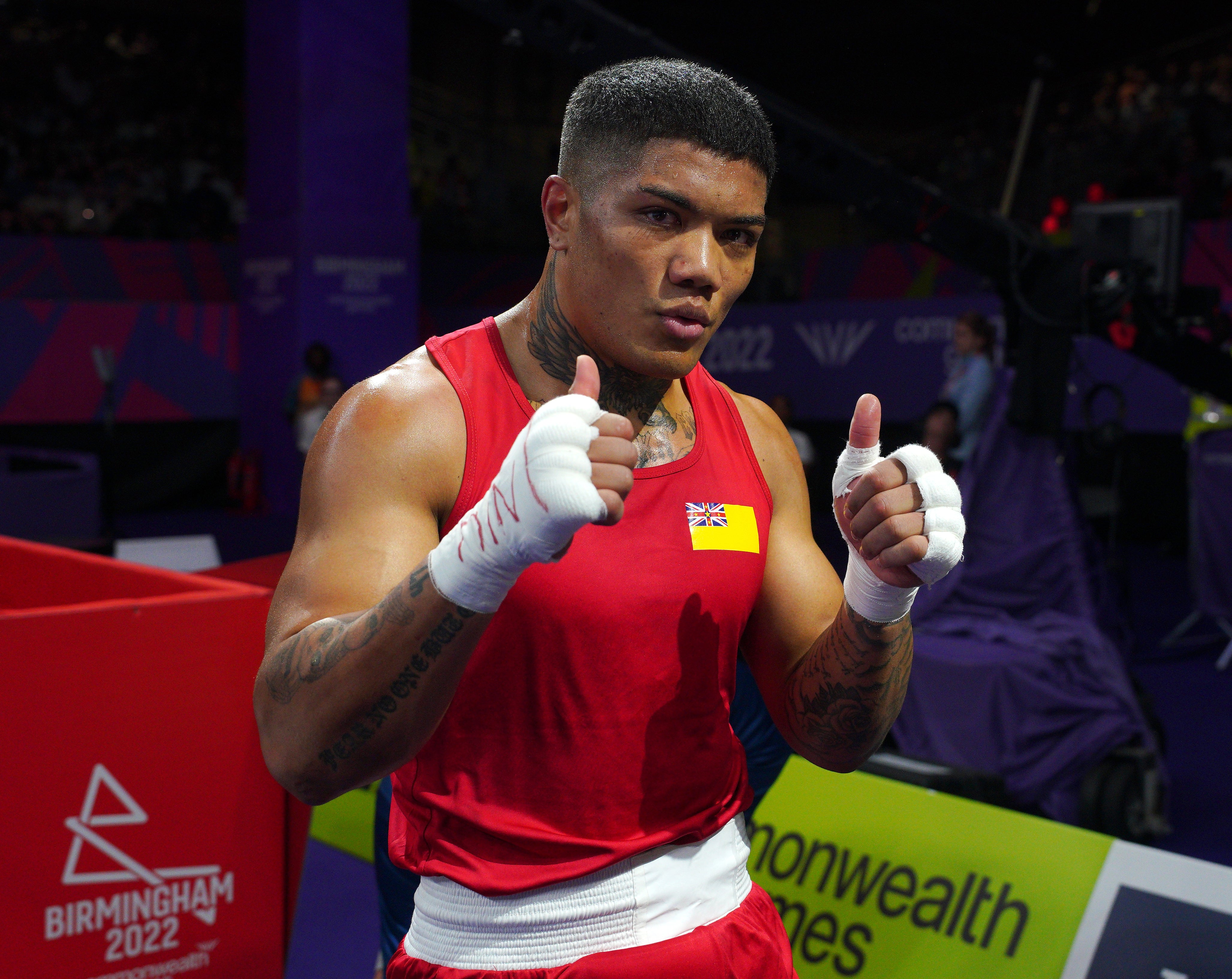 Niue boxer Duken Tutakitoa-Williams celebrates becoming his country’s first-ever medallist at the Commonwealth Games (Peter Byrne/PA)