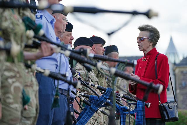 The Princess Royal meets piper training cadets before the start of the rehearsal for this year’s Tattoo (Jane Barlow/PA)