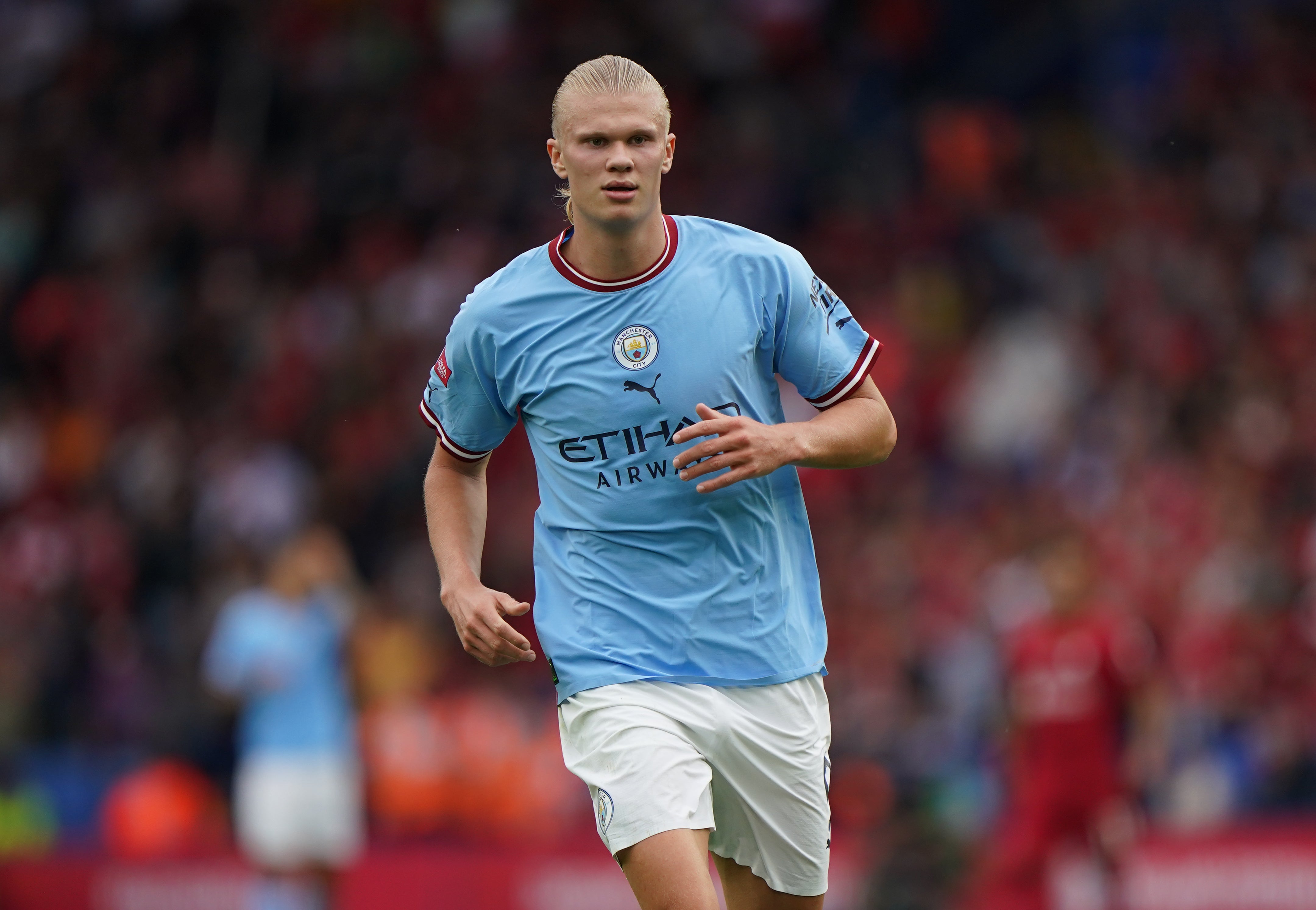 Manchester City’s Erling Haaland in action during Saturday’s Community Shield clash with Liverpool (Joe Giddens/PA).