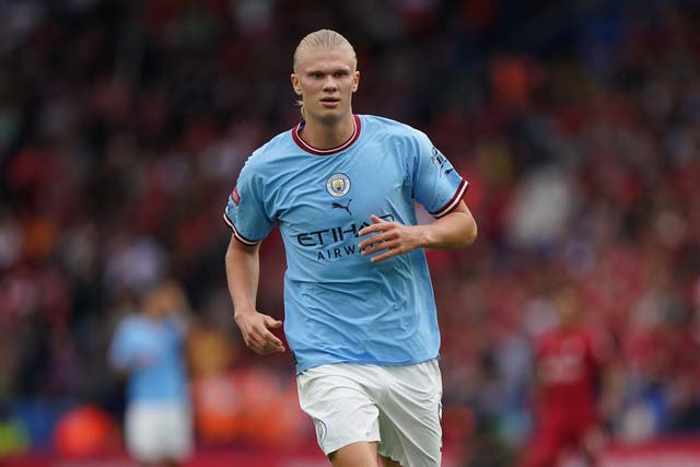 Manchester City’s Erling Haaland in action during Saturday’s Community Shield clash with Liverpool (Joe Giddens/PA).