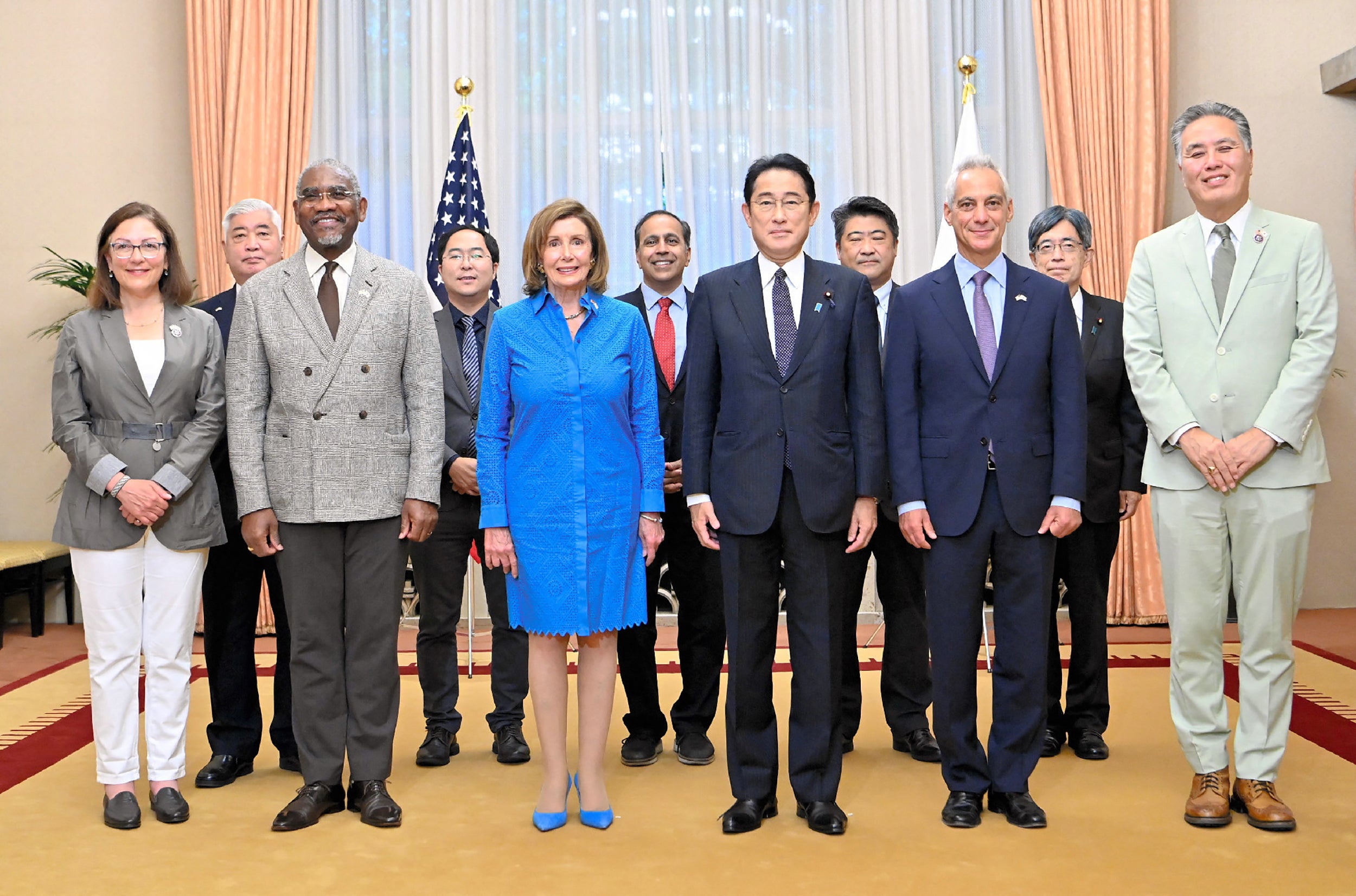 Japan’s prime minister Fumio Kishida and US house speaker Nancy Pelosi pose for a photo session at the prime minister’s official residence in Tokyo on 5 August 2022