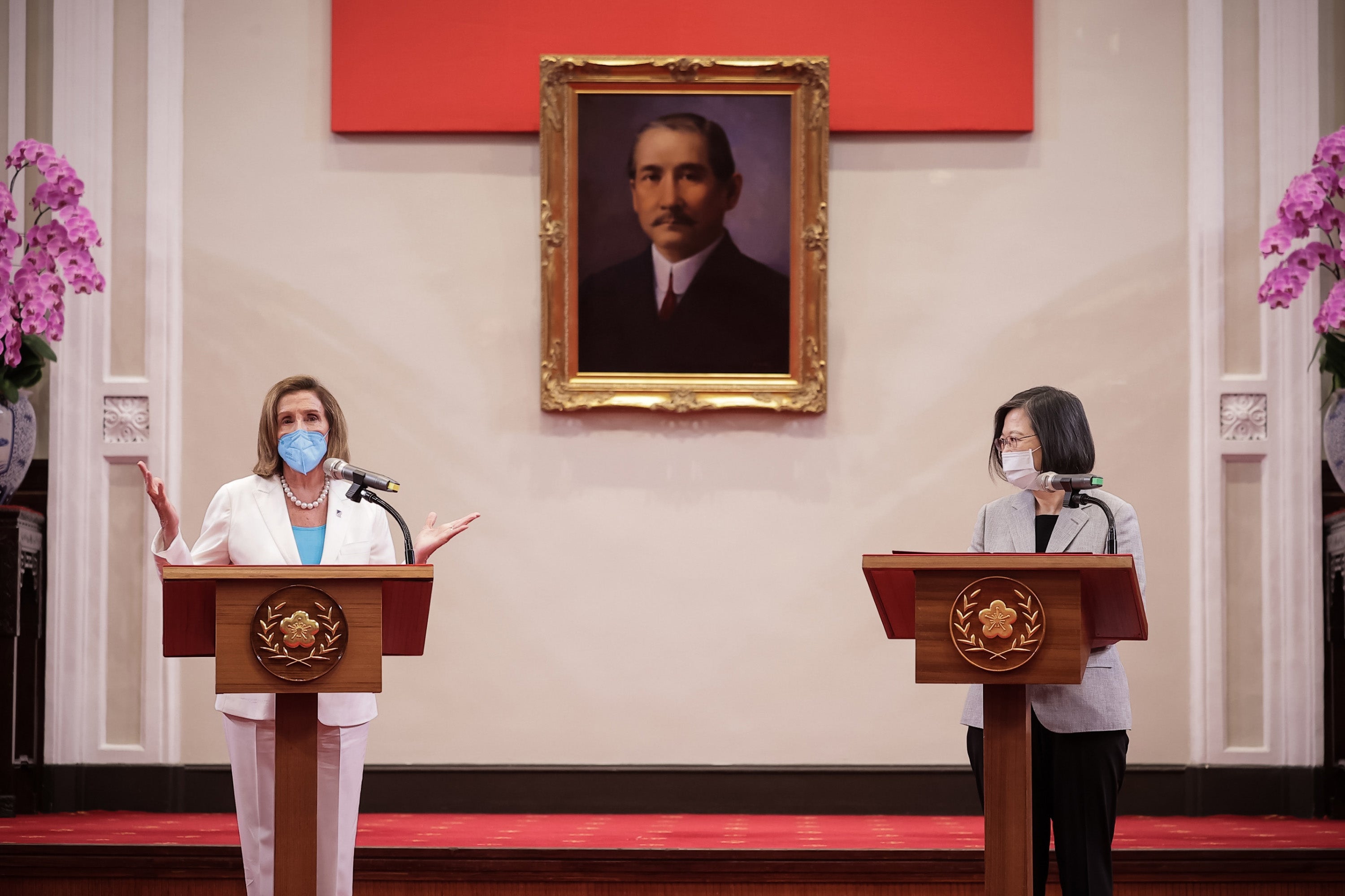 Speaker of the US House Of Representatives Nancy Pelosi speaks alongside Taiwan’s president Tsai Ing-wen, right, at the president’s office on 3 August 2022 in Taipei, Taiwan