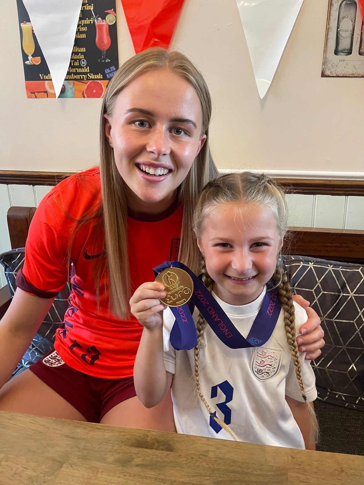 Harper Mills, 6, met one of her hero’s – Aston Villa women goalkeeper Hannah Hampton, who was on the substitutes’ bench for the dramatic final match. (Lou Mills/PA)