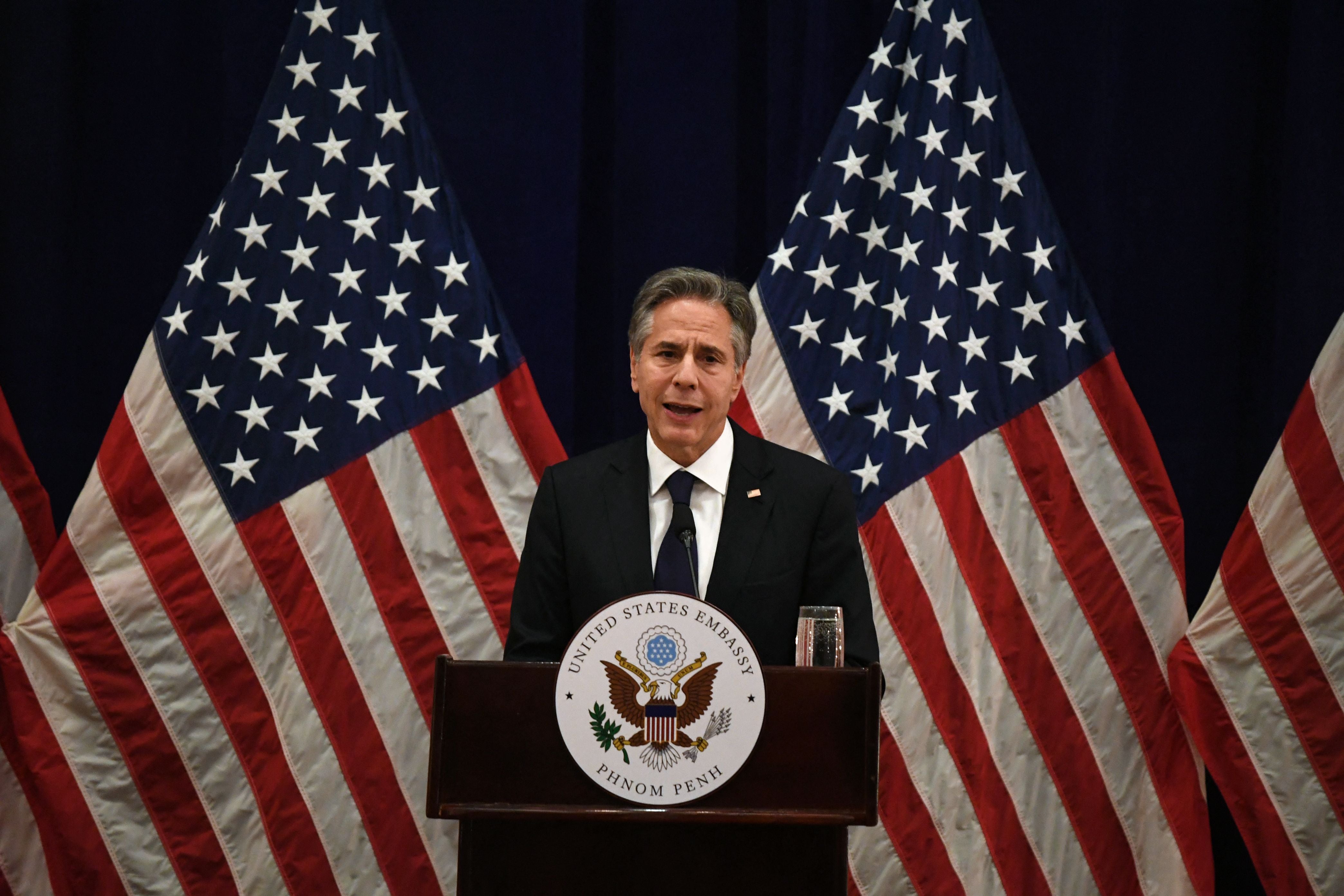 US Secretary of State Anthony Blinken takes part in a press conference after attending events at the 55th Asean Foreign Ministers’ Meeting in Phnom Penh on 5 August 2022