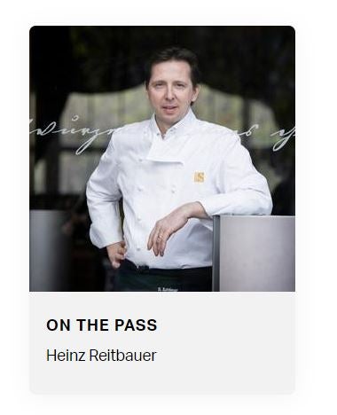 The ‘On the Pass’ section highlights chef Heinz Reitbauer at no 13: Steirereck restaurant in Vienna