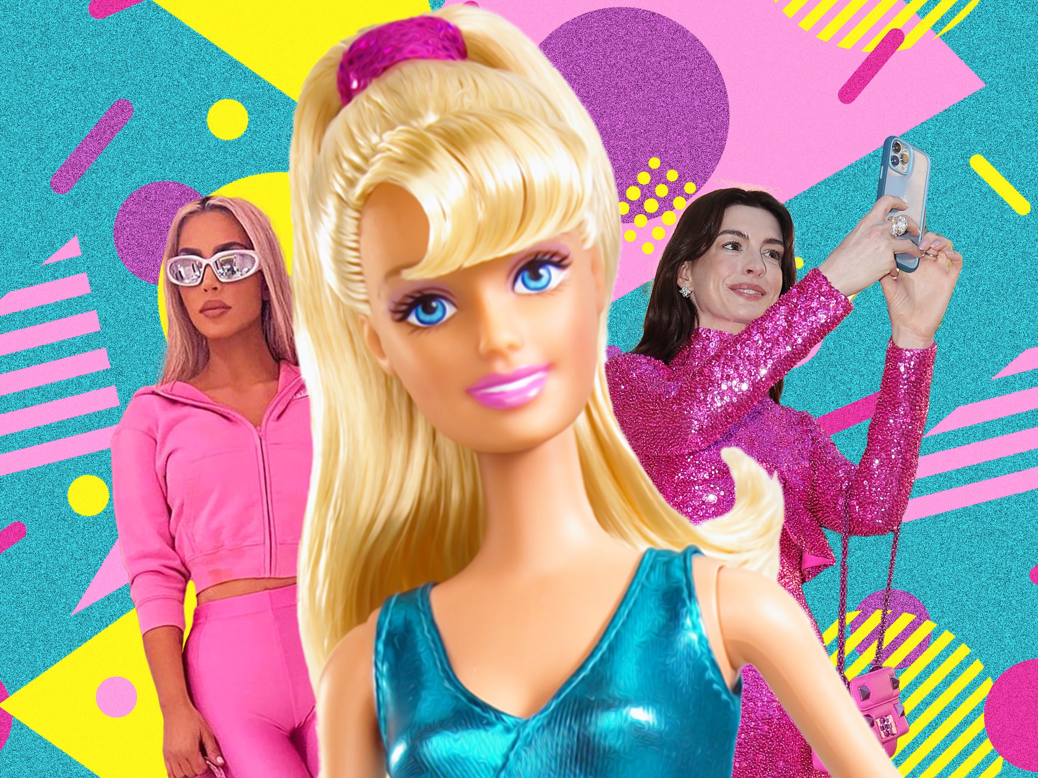 <p>Barbie girls: Kim Kardashian, the original doll and Anne Hathaway in Valentino</p>