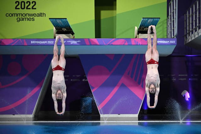 <p>Anthony Harding and Jack Laugher during the synchronised 3m springboard final</p>