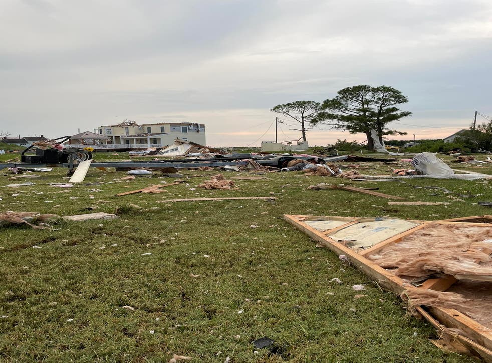 <p>Debris strewn across Smith Island, Maryland after a waterspout hit the Chesapeake Bay community</p>