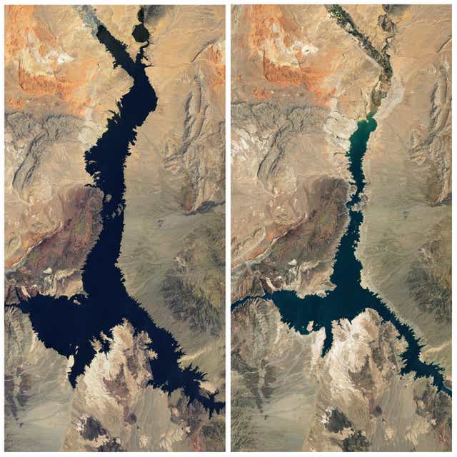<p>Before (left) and after (right). Nasa satellite images reveal how Lake Mead, on the Nevada-Arizona border, has shrunk between July 2000 and July 2022.</p>