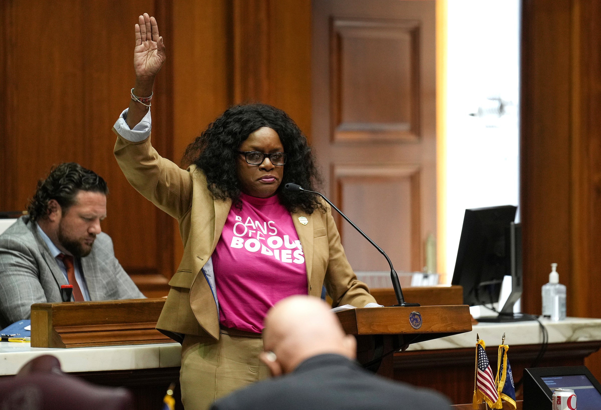 Indiana state Rep Renee Pack speaks out against an anti-abortion bill during debate on 5 August