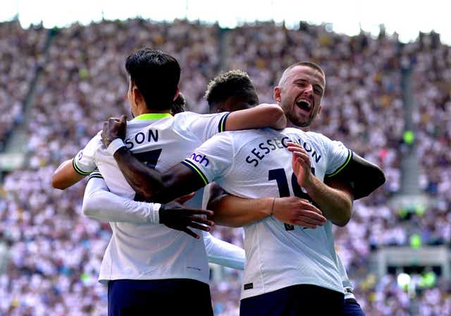 <p>Ryan Sessegnon celebrates with his Tottenham teammates after scoring their side’s first goal against Southampton </p>