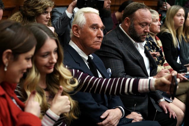 <p>Longtime informal adviser to President Trump Roger Stone and Alex Jones of Infowars attend the testimony of Google CEO Sundar Pichai before the House Judiciary Committee at the Rayburn House Office Building on December 11, 2018 in Washington, DC</p>