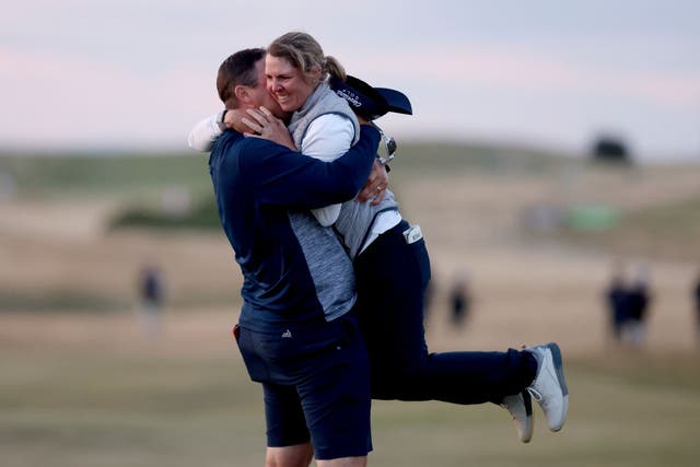 <p>Ashleigh Buhai celebrates her winning putt on the fourth play-off hole </p>