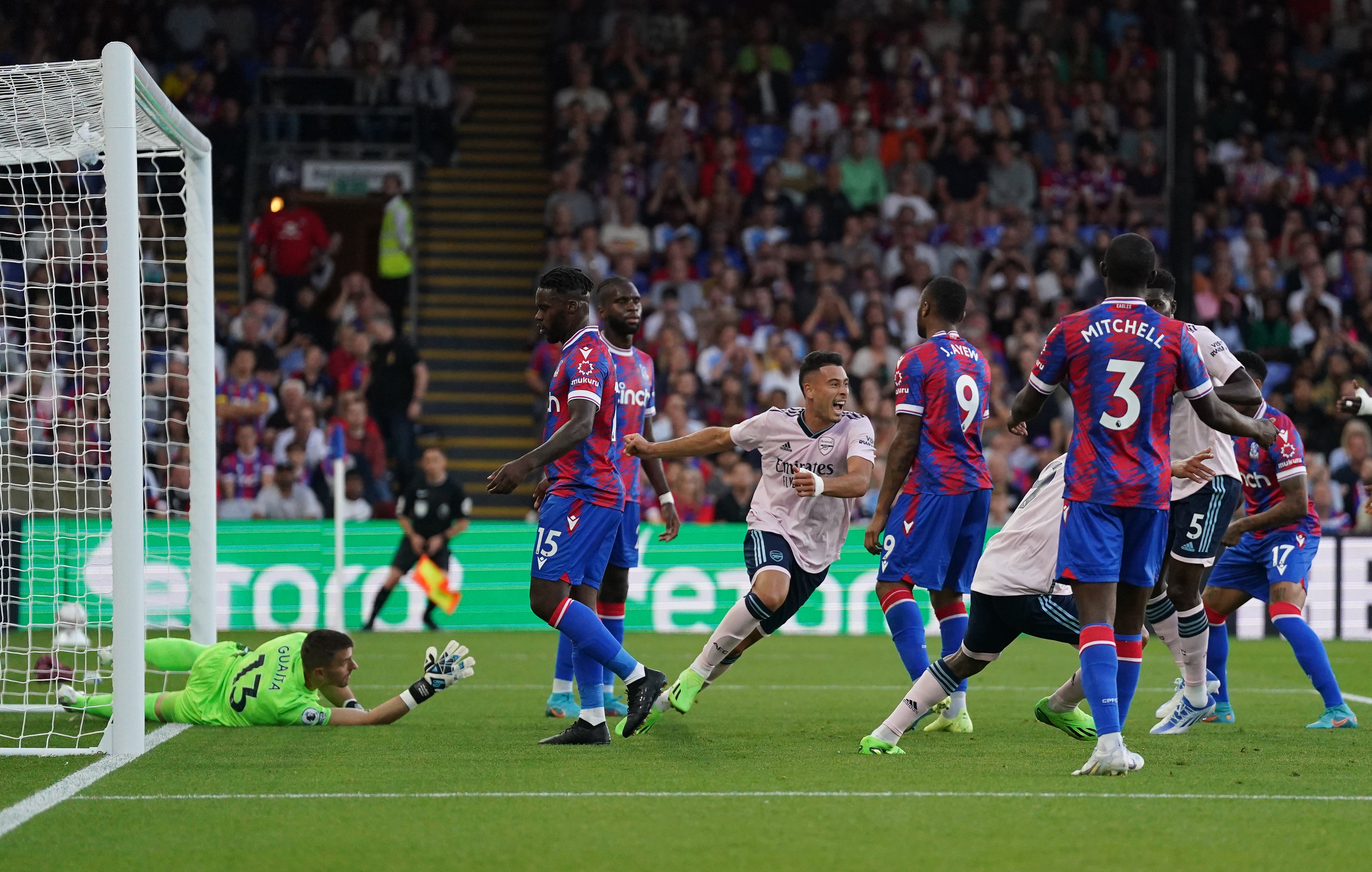 Arsenal’s Gabriel Martinelli celebrates scoring the first goal of the 2022-23 Premier League campaign (Adam Davy/PA)