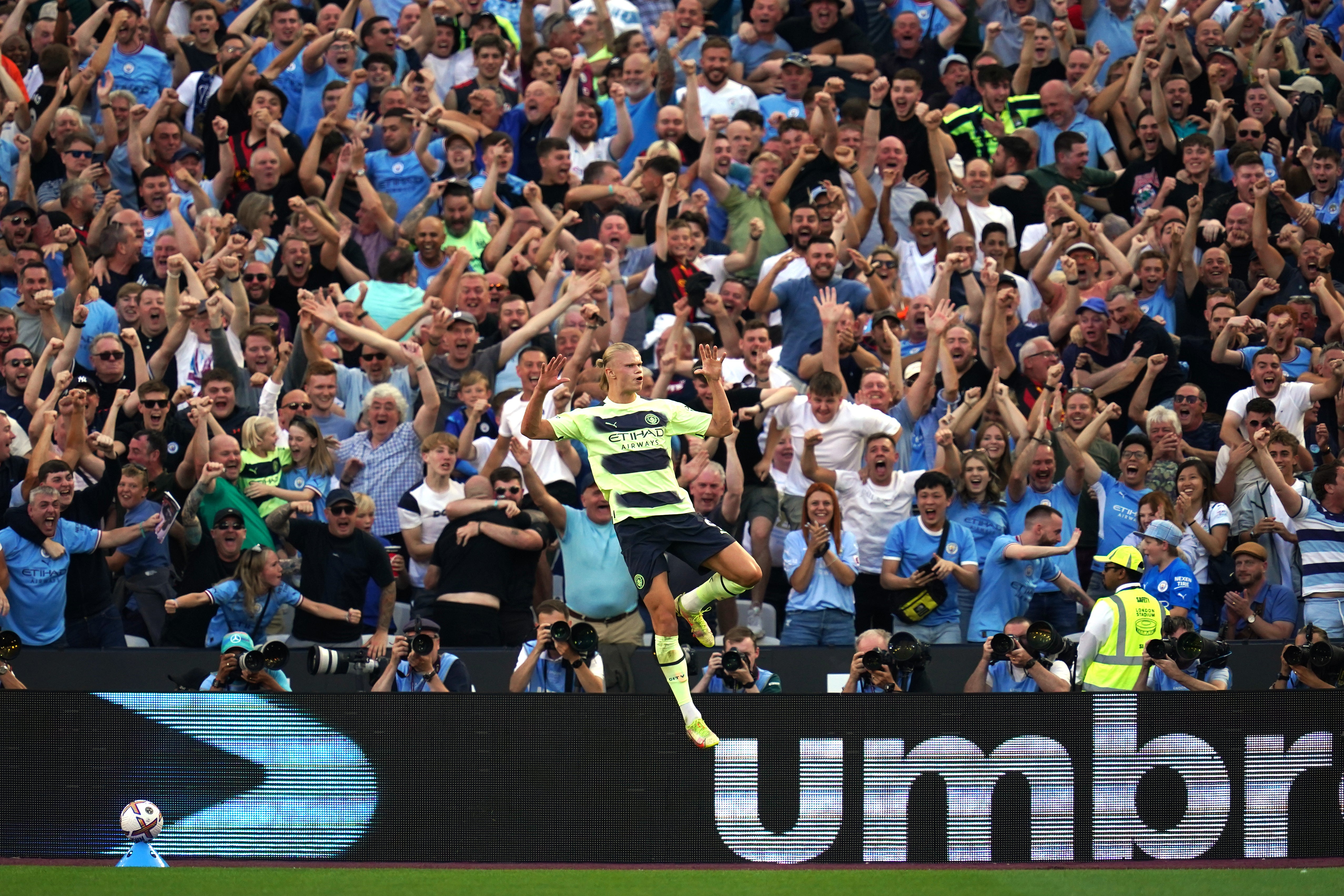 Erling Haaland celebrates after scoring his first goals in the Premier League on his league debut for Manchester City(John Walton/PA)