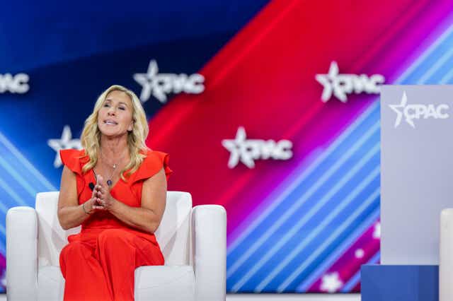 <p>US Rep Marjorie Taylor Greene (R-GA) speaks at the Conservative Political Action Conference CPAC held at the Hilton Anatole in Dallas, Texas</p>